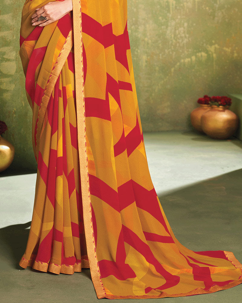 Vishal Prints Dusty Orange And Cardinal Red Printed Georgette Saree With Fancy Border