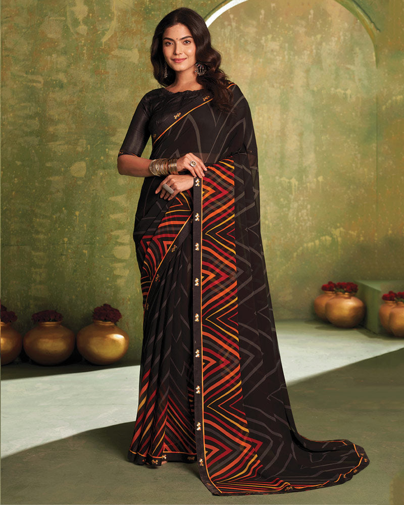 Vishal Prints Smoky Black Printed Georgette Saree With Fancy Border