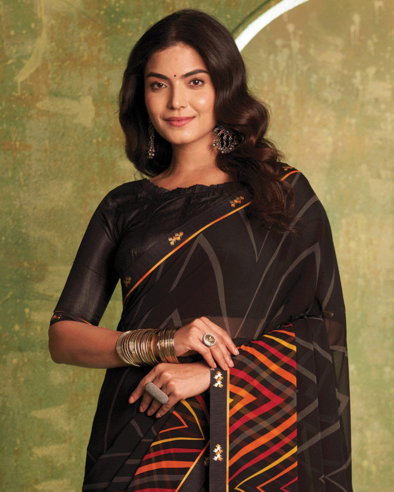 Vishal Prints Smoky Black Printed Georgette Saree With Fancy Border