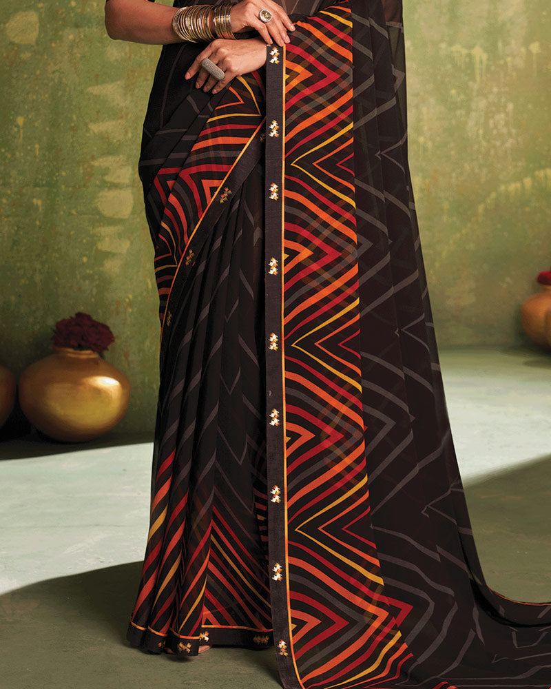 Vishal Prints Smoky Black Printed Georgette Saree With Fancy Border