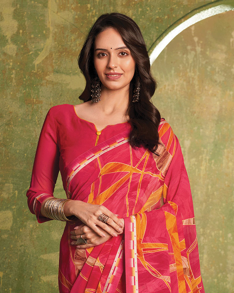 Vishal Prints Pinkish Red Printed Georgette Saree With Fancy Border