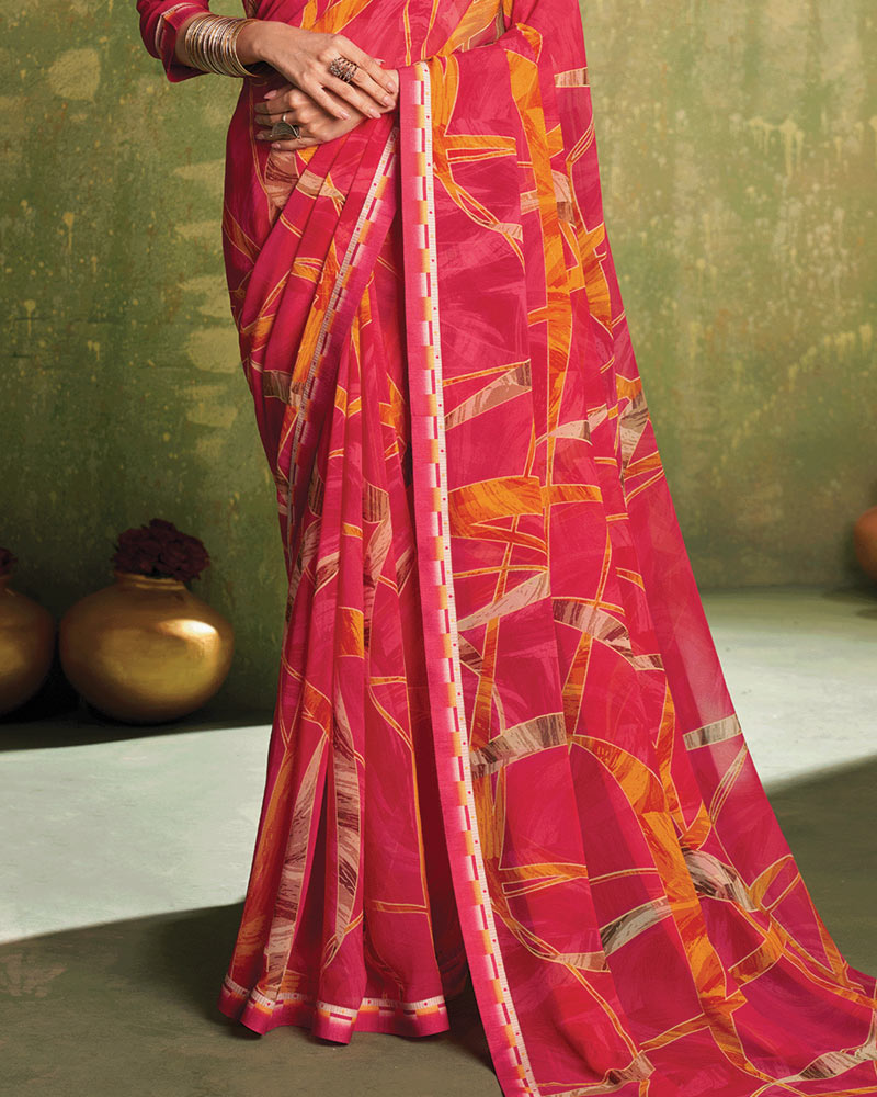 Vishal Prints Pinkish Red Printed Georgette Saree With Fancy Border