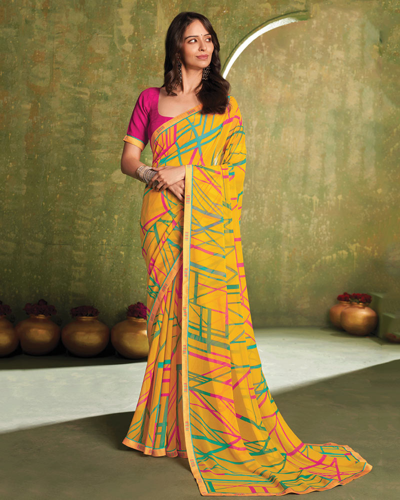 Vishal Prints Sunrise Yellow Printed Georgette Saree With Fancy Border