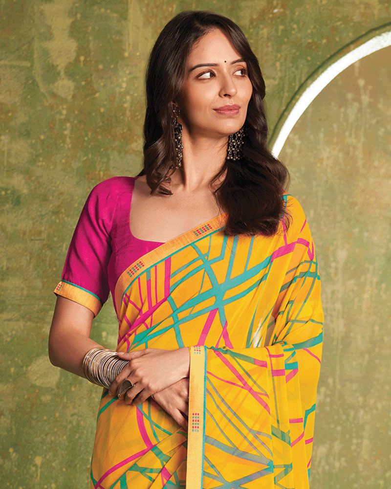 Vishal Prints Sunrise Yellow Printed Georgette Saree With Fancy Border