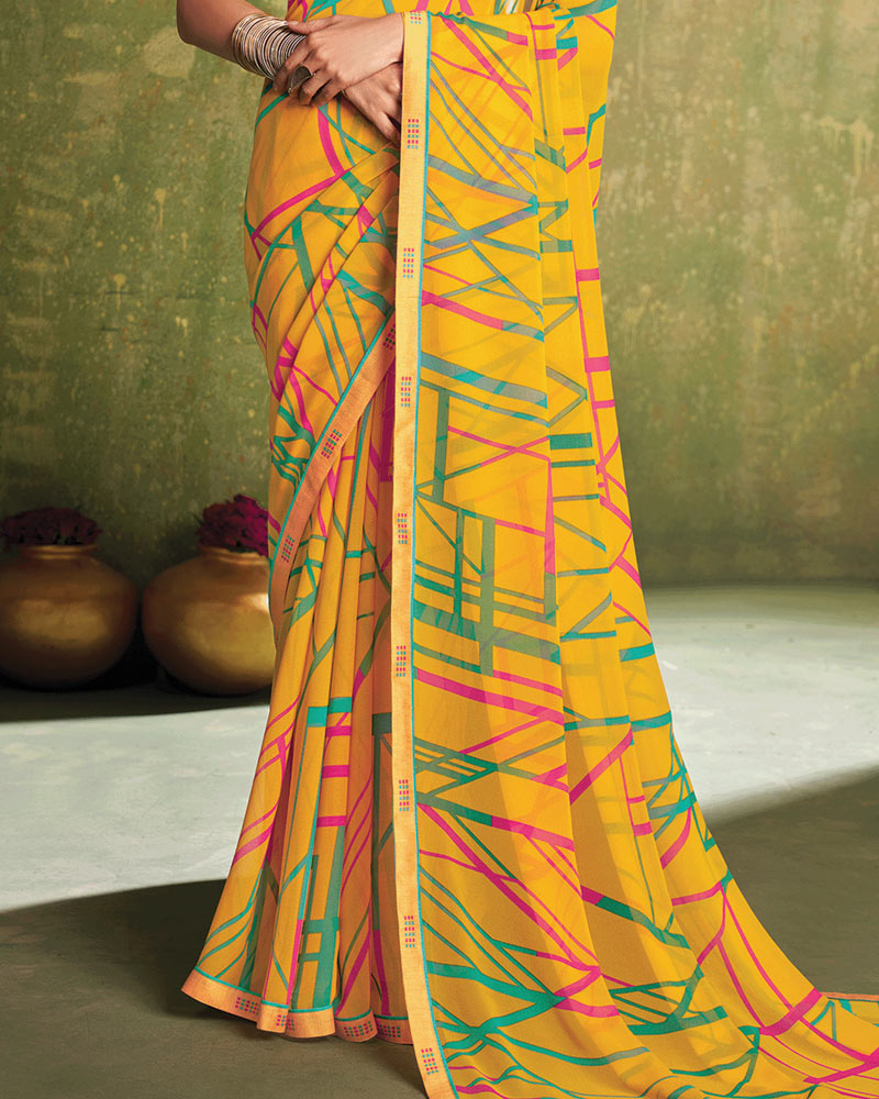 Vishal Prints Sunrise Yellow Printed Georgette Saree With Fancy Border