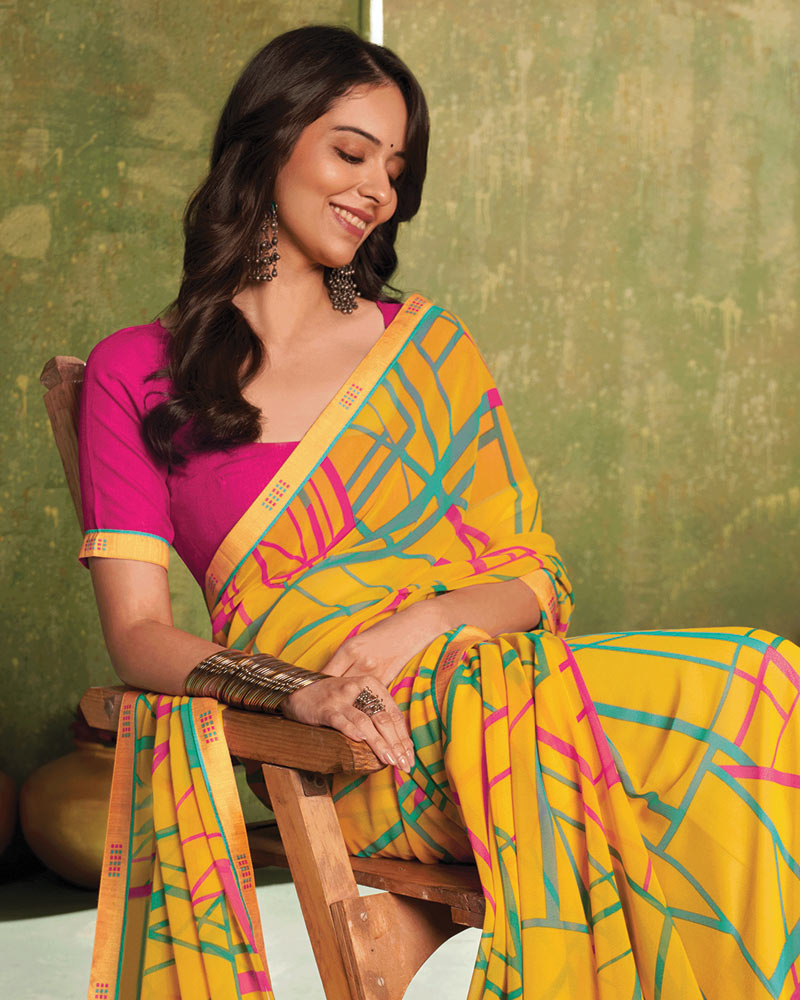 Vishal Prints Sunrise Yellow Printed Georgette Saree With Fancy Border
