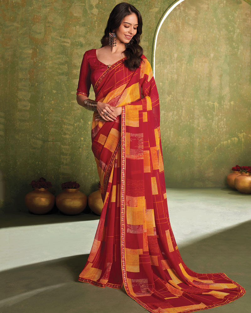 Vishal Prints Cardinal Red And Orange Printed Georgette Saree With Fancy Border