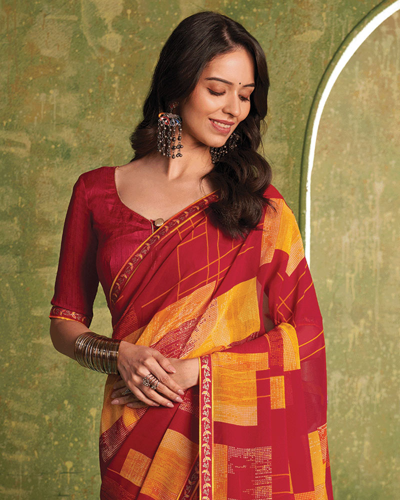Vishal Prints Cardinal Red And Orange Printed Georgette Saree With Fancy Border