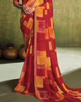 Vishal Prints Cardinal Red And Orange Printed Georgette Saree With Fancy Border