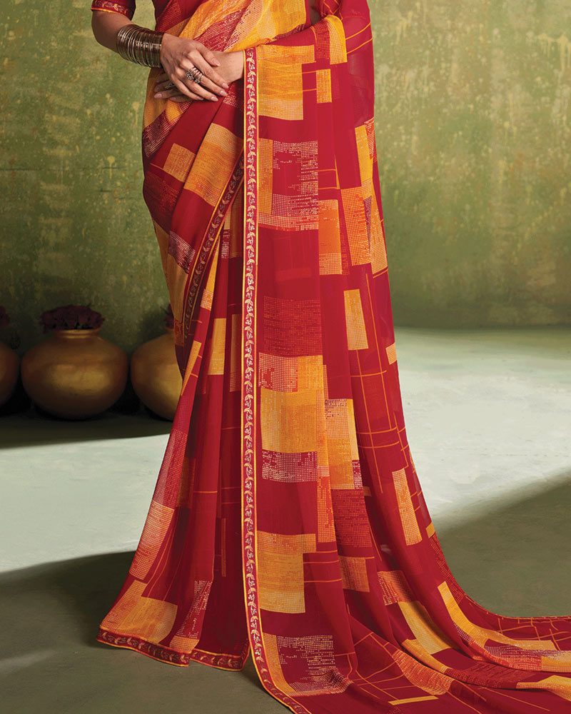 Vishal Prints Cardinal Red And Orange Printed Georgette Saree With Fancy Border