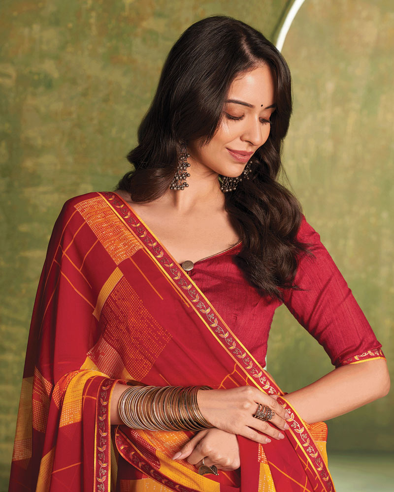 Vishal Prints Cardinal Red And Orange Printed Georgette Saree With Fancy Border