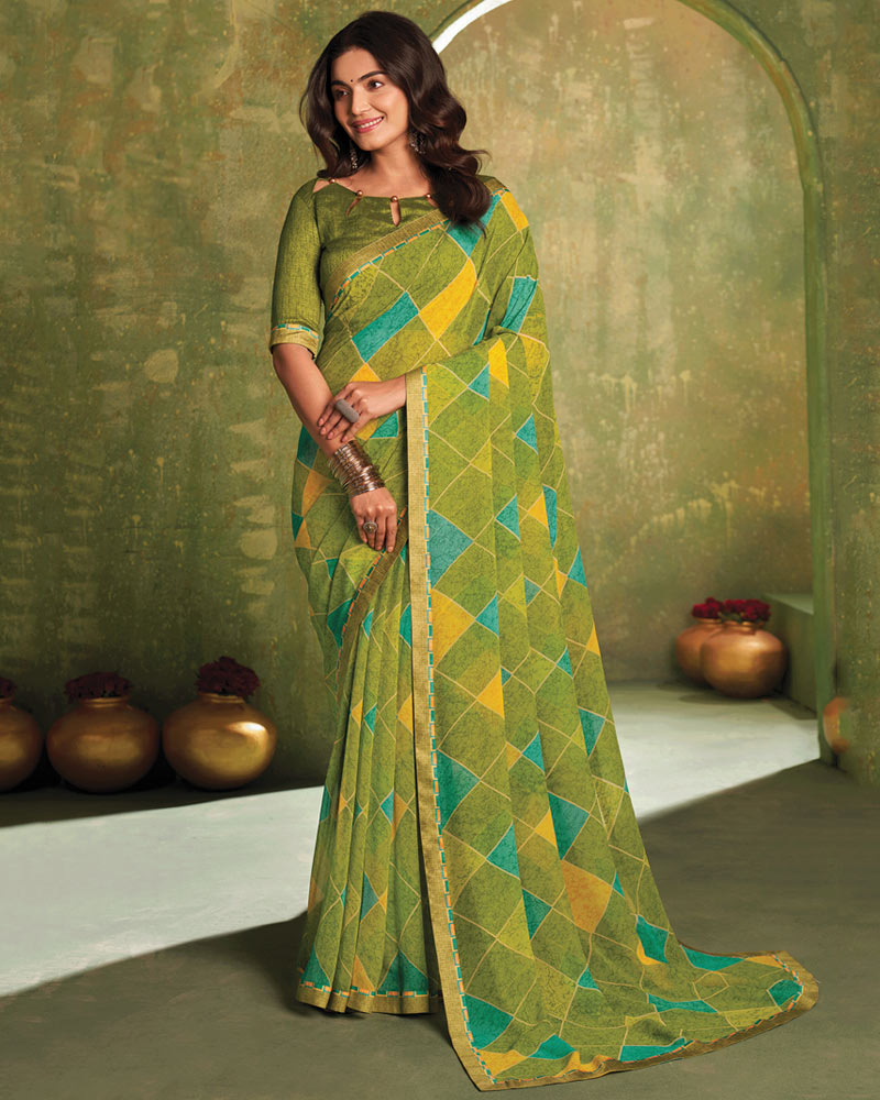 Vishal Prints Light Olive Green Printed Georgette Saree With Fancy Border