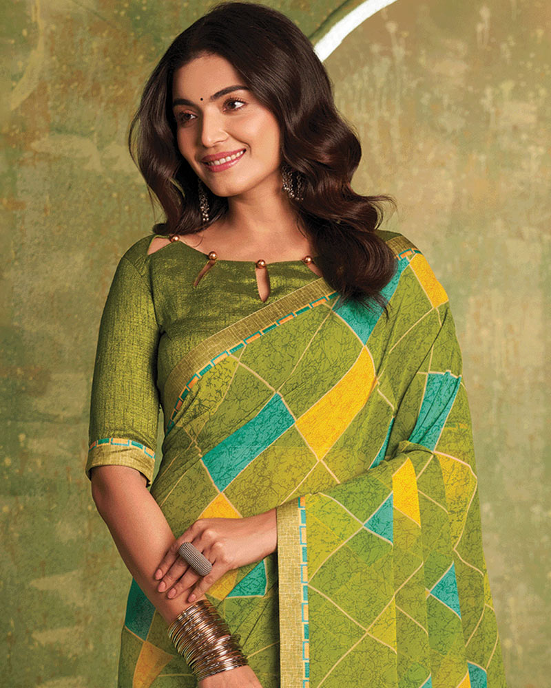 Vishal Prints Light Olive Green Printed Georgette Saree With Fancy Border