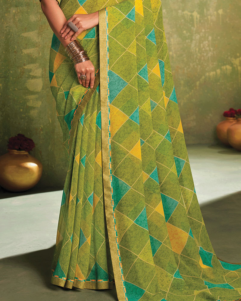 Vishal Prints Light Olive Green Printed Georgette Saree With Fancy Border