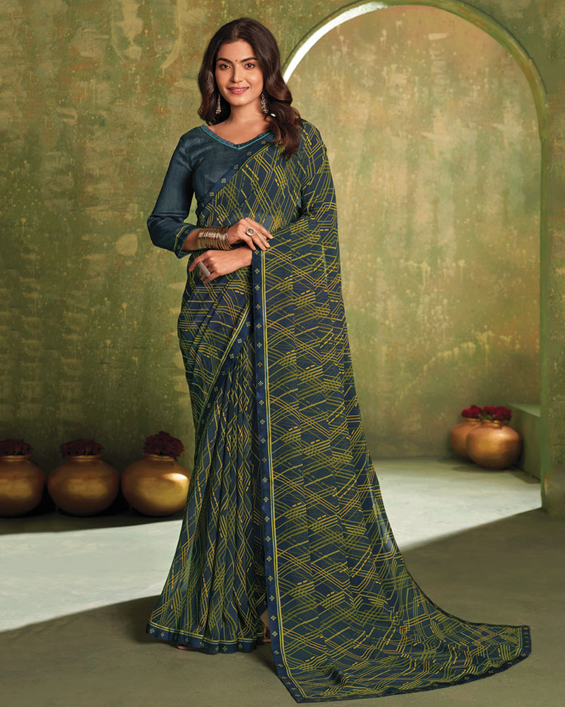 Vishal Prints Navy Blue Printed Georgette Saree With Fancy Border