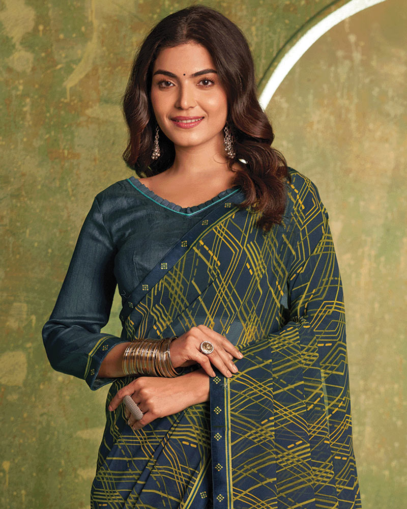 Vishal Prints Navy Blue Printed Georgette Saree With Fancy Border