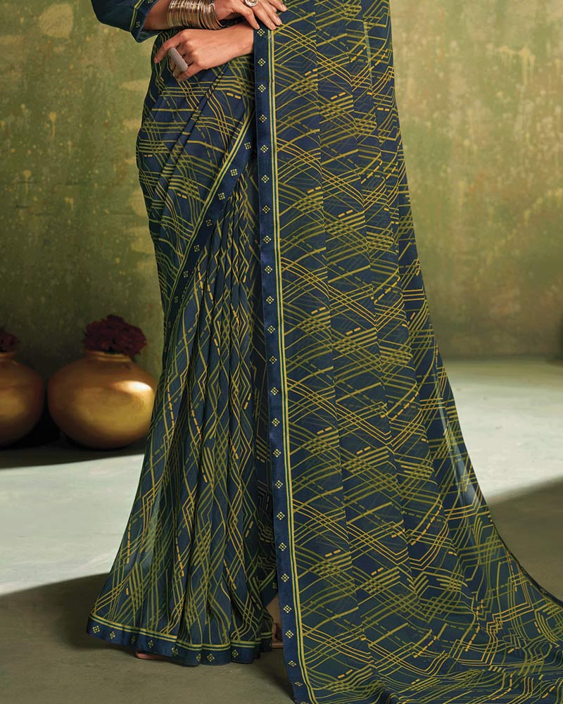 Vishal Prints Navy Blue Printed Georgette Saree With Fancy Border