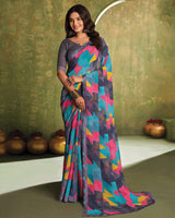 Vishal Prints Carbon Grey And Fountain Blue Printed Georgette Saree With Fancy Border