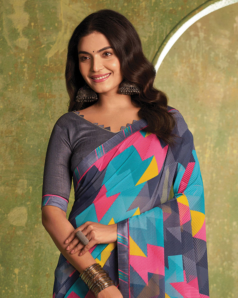 Vishal Prints Carbon Grey And Fountain Blue Printed Georgette Saree With Fancy Border