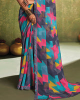 Vishal Prints Carbon Grey And Fountain Blue Printed Georgette Saree With Fancy Border
