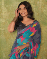Vishal Prints Carbon Grey And Fountain Blue Printed Georgette Saree With Fancy Border