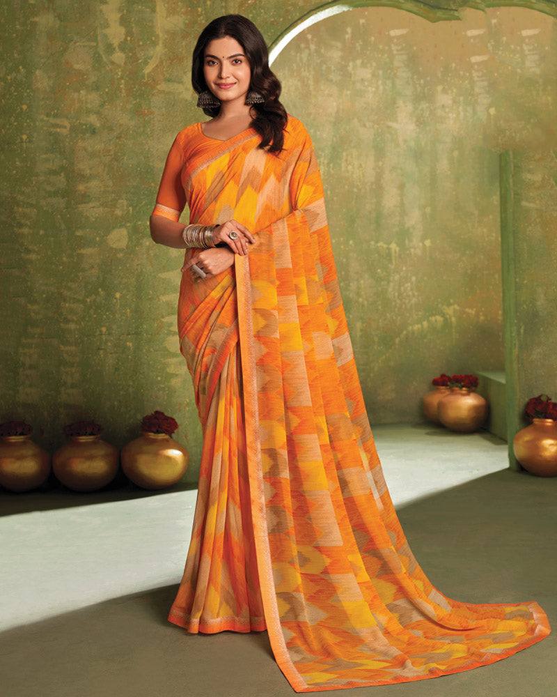Vishal Prints Cadmium Orange Printed Georgette Saree With Fancy Border