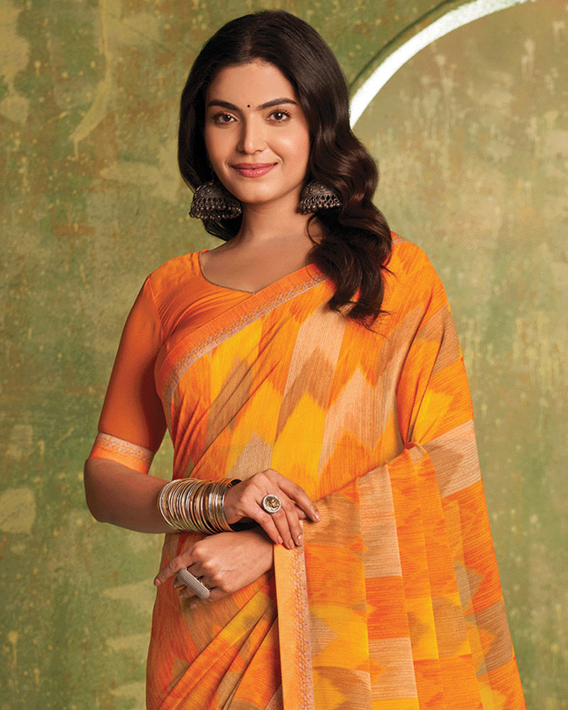 Vishal Prints Cadmium Orange Printed Georgette Saree With Fancy Border