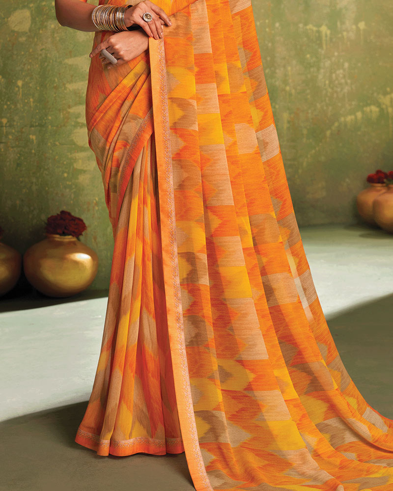 Vishal Prints Cadmium Orange Printed Georgette Saree With Fancy Border