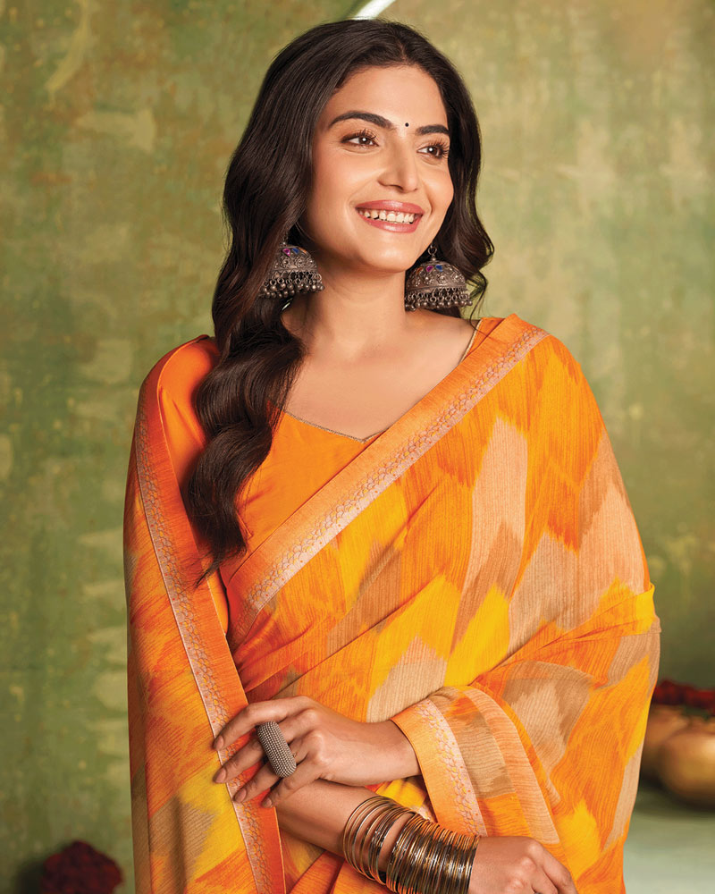 Vishal Prints Cadmium Orange Printed Georgette Saree With Fancy Border