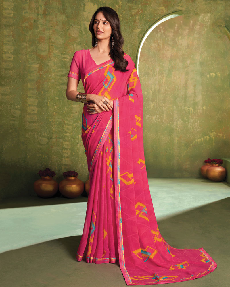 Vishal Prints Mandy Pink Printed Georgette Saree With Fancy Border