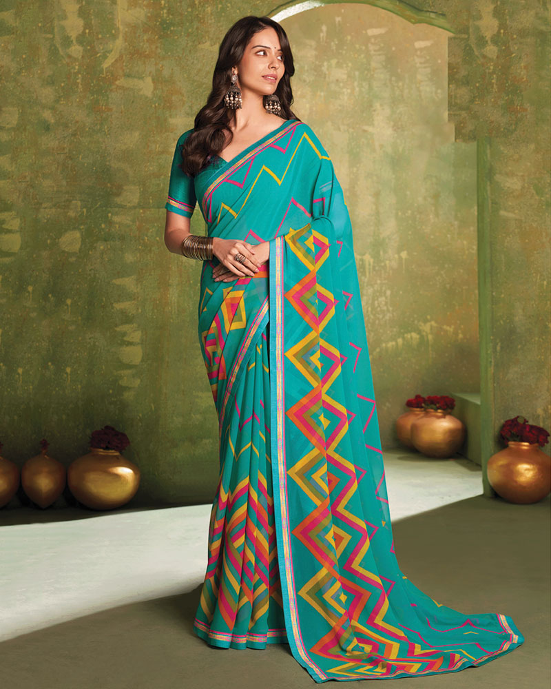 Vishal Prints Persian Green Printed Georgette Saree With Fancy Border