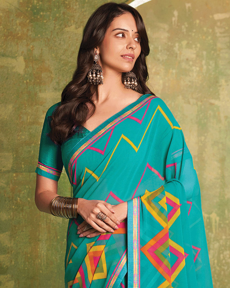 Vishal Prints Persian Green Printed Georgette Saree With Fancy Border