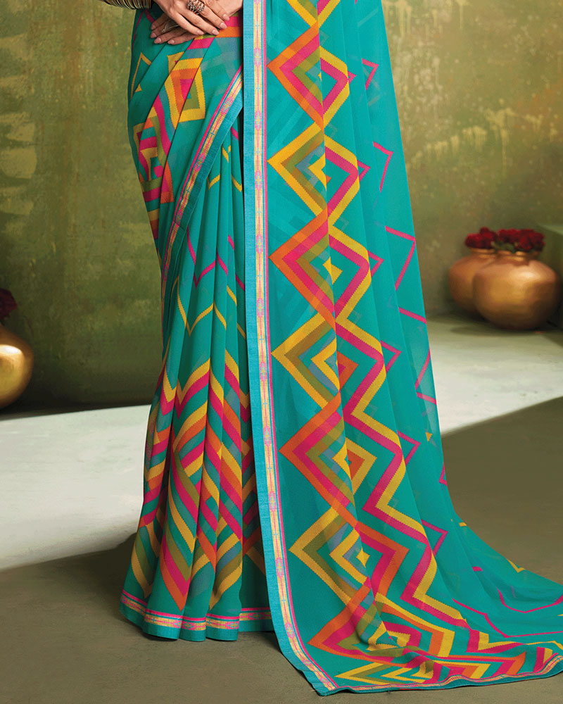 Vishal Prints Persian Green Printed Georgette Saree With Fancy Border