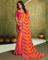 Vishal Prints Flame Orange And Cool Red Printed Georgette Saree With Fancy Border