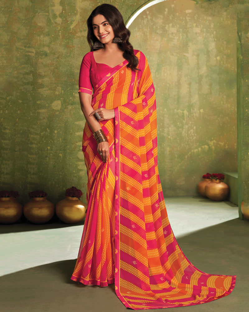 Vishal Prints Flame Orange And Cool Red Printed Georgette Saree With Fancy Border