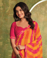 Vishal Prints Flame Orange And Cool Red Printed Georgette Saree With Fancy Border