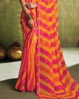 Vishal Prints Flame Orange And Cool Red Printed Georgette Saree With Fancy Border