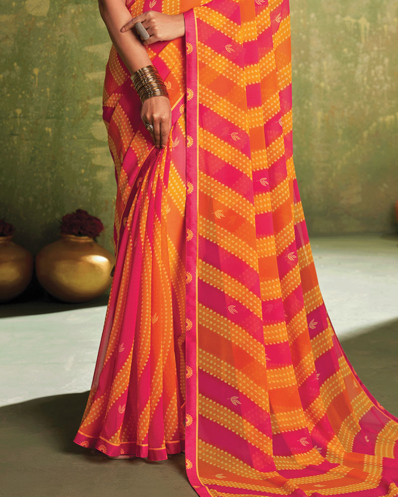 Vishal Prints Flame Orange And Cool Red Printed Georgette Saree With Fancy Border