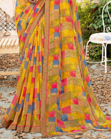 Vishal Prints Sand Brown Printed Georgette Saree With Fancy Border