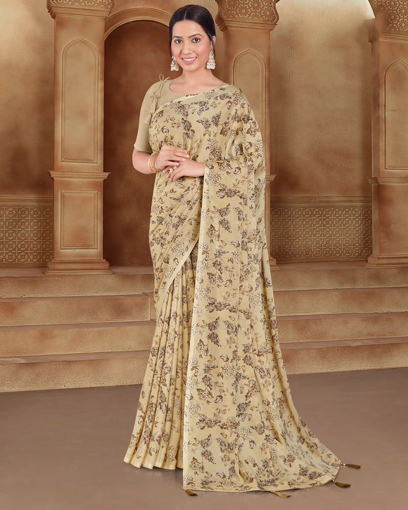 Vishal Prints Pastel Brown Printed Criva Crepe Saree With Tassel