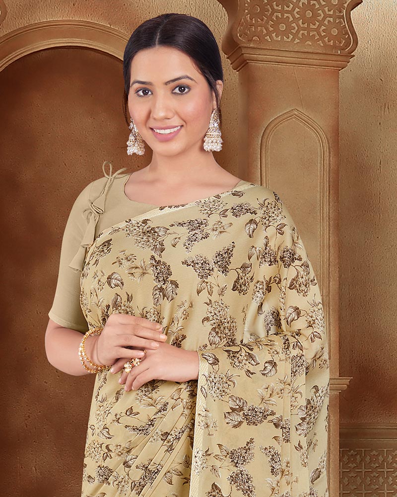 Vishal Prints Pastel Brown Printed Criva Crepe Saree With Tassel