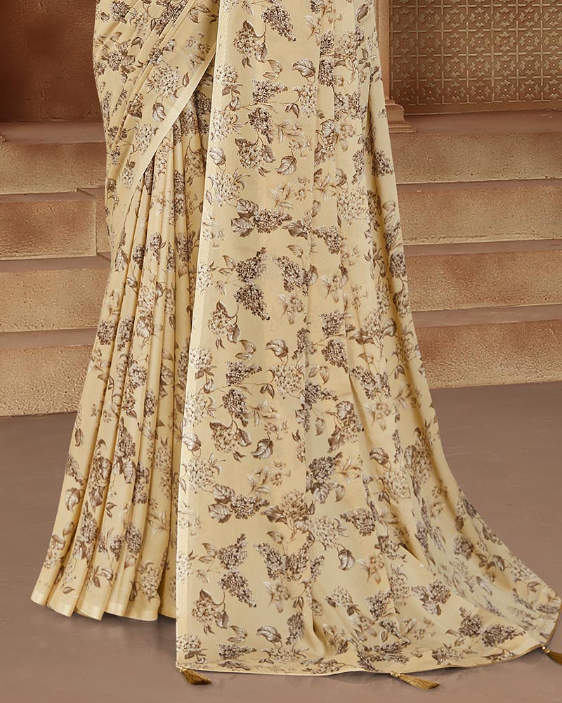 Vishal Prints Pastel Brown Printed Criva Crepe Saree With Tassel
