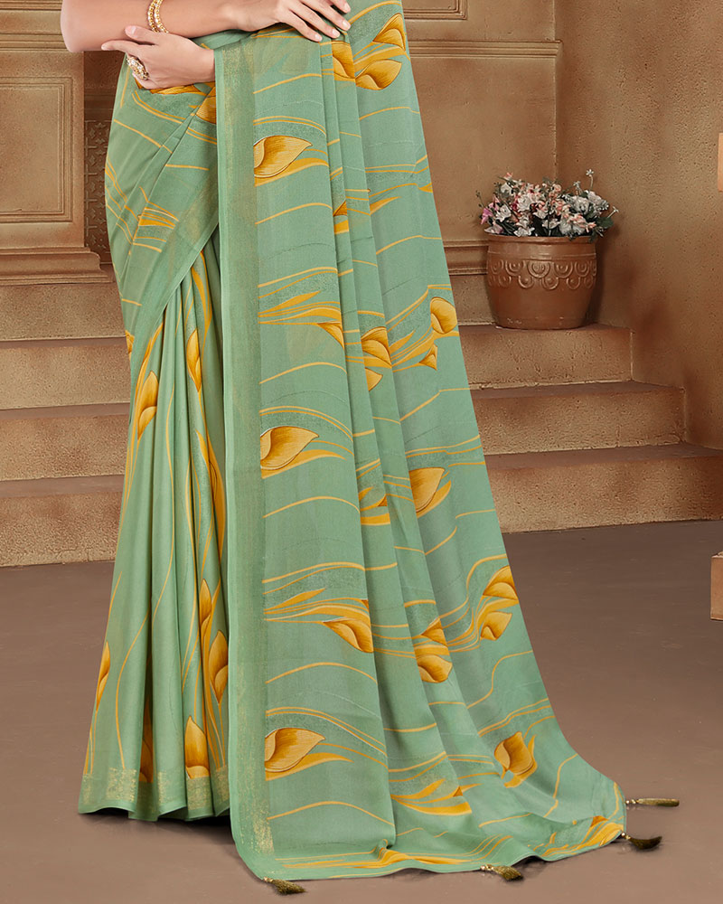 Vishal Prints Turquoise Green Printed Criva Crepe Saree With Tassel