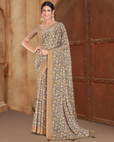 Vishal Prints Pastel Brown Printed Criva Crepe Saree With Tassel