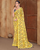 Vishal Prints Light Yellow Printed Criva Crepe Saree With Tassel