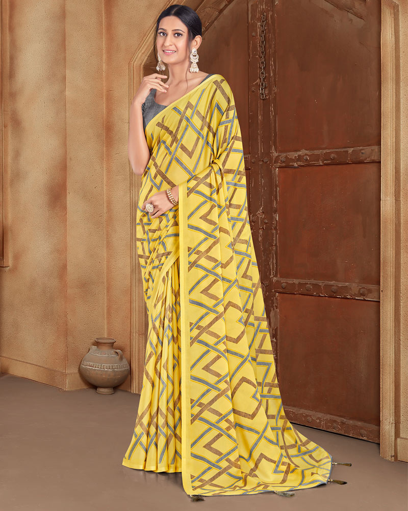 Vishal Prints Light Yellow Printed Criva Crepe Saree With Tassel