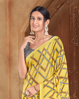 Vishal Prints Light Yellow Printed Criva Crepe Saree With Tassel