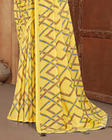 Vishal Prints Light Yellow Printed Criva Crepe Saree With Tassel