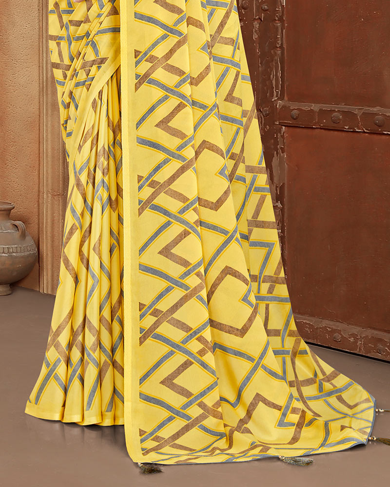 Vishal Prints Light Yellow Printed Criva Crepe Saree With Tassel