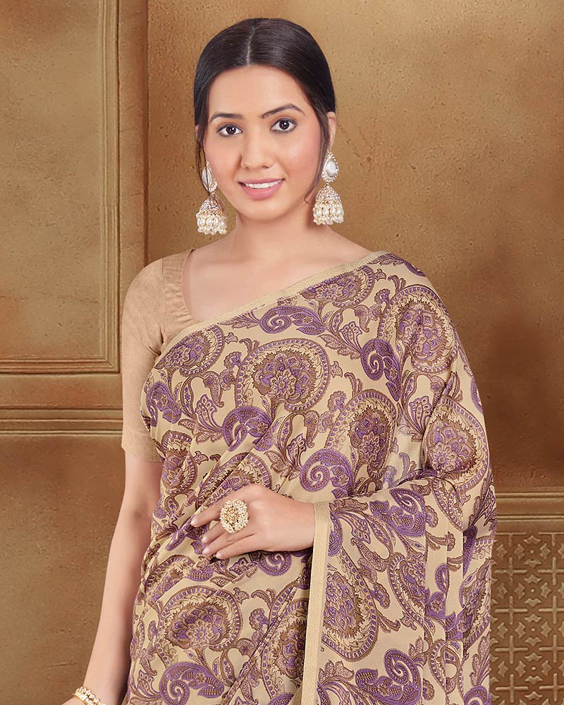 Vishal Prints Pastel Brown Printed Criva Crepe Saree With Tassel